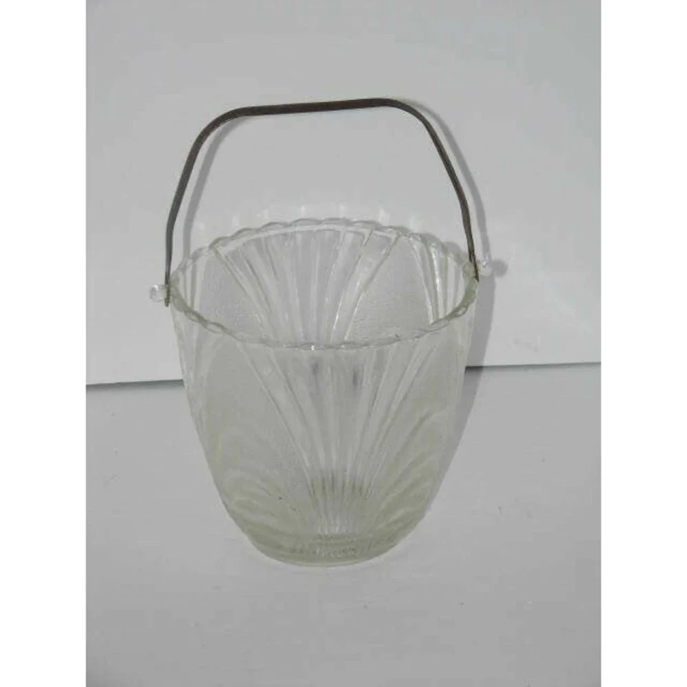 Vintage Ice Bucket Frosted Glass Removable Hammered Aluminum Handle